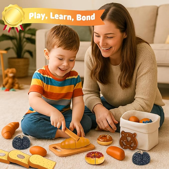 Wooden Food for Play Kitchen 18 PCS Play Food Set for Kids Kitchen Play Kitchen Food with Storage Bag Wooden Bakery Pretend Food Toy for Birthday Gift