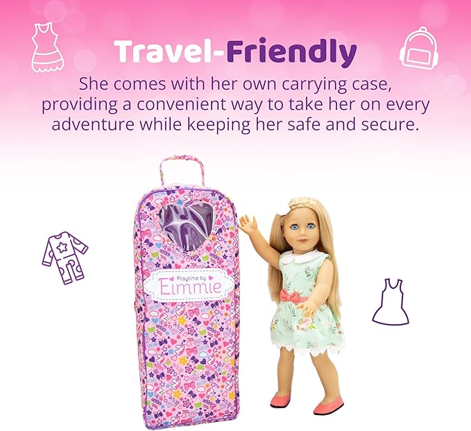 Playtime by Eimmie 18 Inch Doll with Blonde Hair, Blue Eyes, Outfit, Shoes, Pajamas, 18” Clothes Accessories & Travel Suitcase - Girls, Toddler & Childs Play Dollie - Eimmie