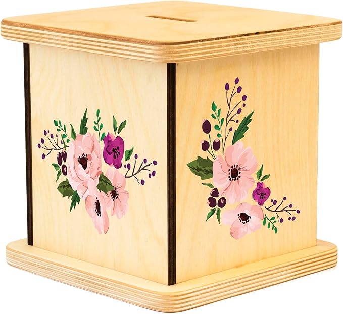 Wooden Piggy Bank for Kids and Adults, Personalized Gift Handmade in USA by BloomOwl, Custom Piggy Bank, Personalized Banks for Kids, Gifts for Baby Boys and Girls (Plum Floral)