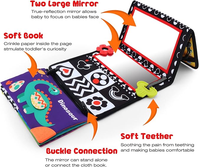 Tummy Time Floor Mirror with Crinkle Cloth Book and Teethers, Double-sided Baby Mirror Black and White High Contrast Baby Toys, Folding Crawling Activity Mat for Infants 3 6 12 Months (B-Mirror+Book)