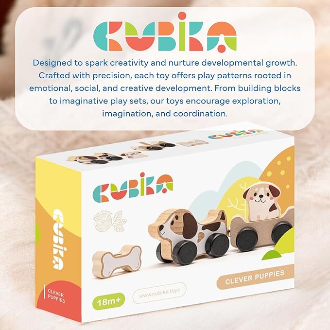 Cubika Wooden Clever Puppies Train Toy – Magnetic Dog-Themed Wood Toy Playset for Toddlers 18 Months+ – Montessori Toy for Fine Motor Skills and Imaginative Play