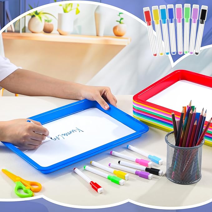 Magnetic Dry Erase Activity Trays Set 9.44 x 13 Inches Classroom Stackable Magnetic Trays with 8 Colorful Dry Erase Markers Letter White Board for Kid Teacher Supplies(12 Pcs,Bright Colors)