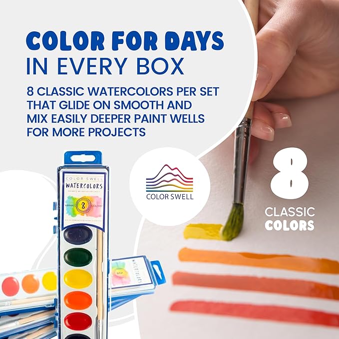 Color Swell Bulk Watercolor Paint 10 Pack with Wood Brushes 8 Washable Water Colors for Kids, Classrooms, Parties, All Ages