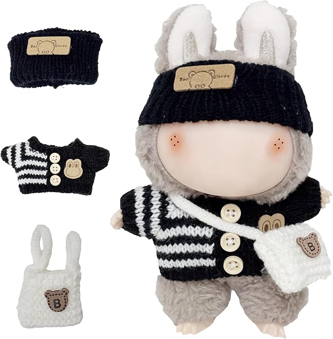Clothes for 17cm Dolls Accessories Crochet 3 Piece Set Outfits for Doll(Black Sweater)