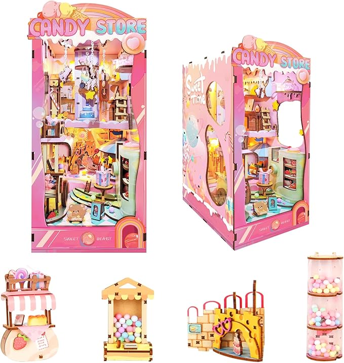 DIY Book Nook Kit,Miniature Candy House Kit for Adults,Booknook Dollhouse Kit Bookshelf Decor Tiny House Kit,3D Wooden Puzzle with LED Dust Proof,Diorama Crafts Birthday Gifts Girlfriend Valentine's