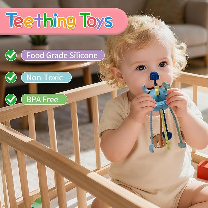 Silicone Baby Sensory Montessori Toys & Pull String Teething Toys for 6-12-18 Months, Toddler Birthday Gift Car Seat Airplane Travel for 1 2 Year Old Boy Girl Infant 8 9 10 Months Old (Blue)