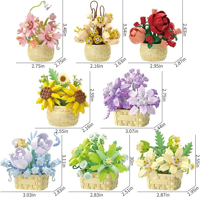8 Pieces Flower Block Set, Plant and Succulent Toys，Birthday Gift for Women and Girls As a Decoration or Adult Block Toy