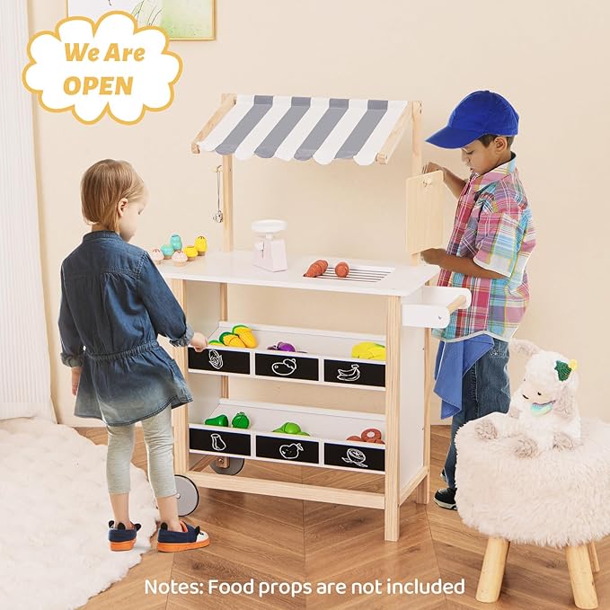 Costzon Kids Pretend Play Grocery Store, Wooden Ice Cream Cart Toy Set for Kids with Ice Cream Making Counter, Scale, Bell, Display Shelves, Blackboard, Canopy, Wheels, Gift for Toddlers (White)