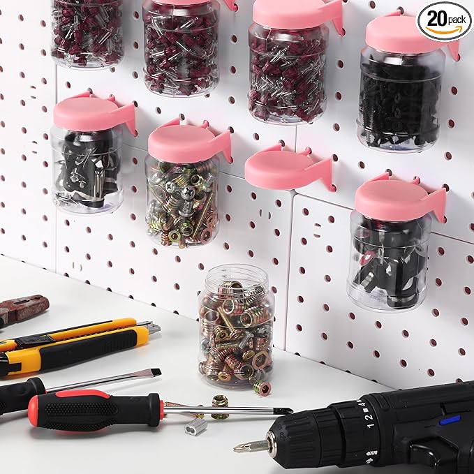 Unittype 20 Set Pegboard Organizer Accessories Peg Boards Jars with Lids Plastic Pegboards Bins Storage Containers Clear Peg Board Wall Organizer for Garage Sewing Office Home Supplies(Light Pink)