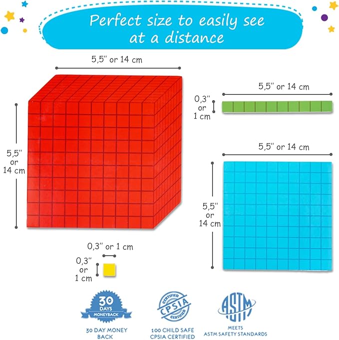 Simply magic 131+4 PCS Jumbo Colorful Magnetic Base Ten Blocks for Math + Headings - Place Value Manipulatives Magnets, Math Manipulatives, Base 10 Blocks, Counters for Kids, Classroom Must Haves
