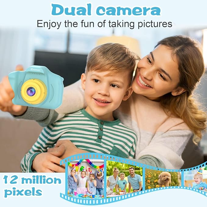 PROGRACE Kids Camera with 32GB SD Card, HD Digital Video Camera for Toddlers, IPS HD Screen, Birthday for Boys and Girls Ages 3-12 – Blue