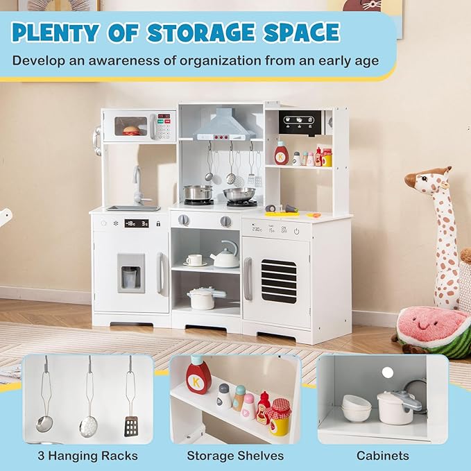 Costzon Corner Kids Kitchen Playset, Wooden Toy Kitchen Set with Range Hood, Ice Maker, Pretend Telephone, Sink, Faucet, Microwave, Oven, Play Kitchen with Lights and Sounds for Toddlers (White)