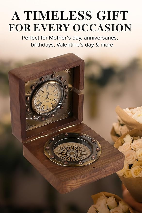 Handmade Brass Sundial Compass with Rosewood Box - Authentic Vintage Maritime & Nautical Decor, Collectible Gift for Him or Her