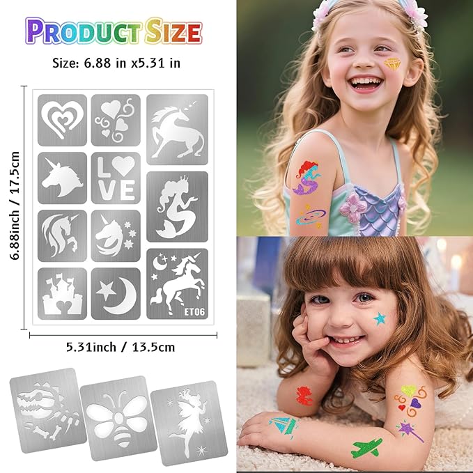 Temporary Tattoo Markers for Skin, 12 Metallic Body Markers + 183 Temporary Tattoo Stencils for Kids Adults, Flexible Brush Tip, Bright Colors, Cosmetic Tattoos Pens for Kids Adults, DIY Body Art Set