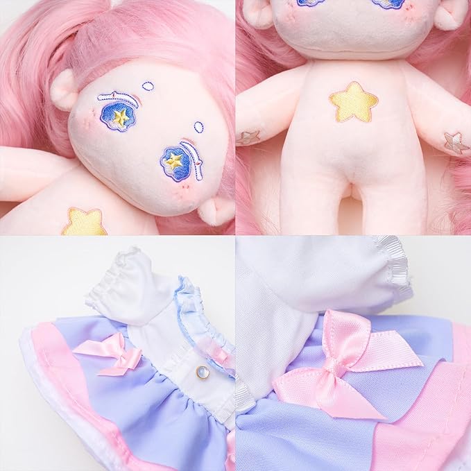 CALEMBOU Plush Doll, 20cm Cute Cotton Doll with Skeleton, Anime Plushies Soft Stuffed Dress Up Dolls, Kawaii Plush Toys Gift Come with Doll Clothes (Doll&Clothes-Maybe-Pink)
