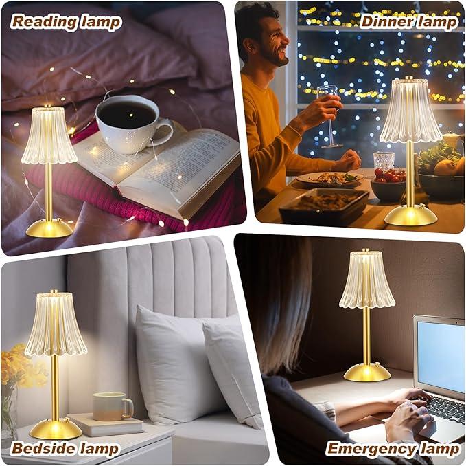 Liliful 2 Pcs LED Portable Cordless Table Lamp Touch Battery Operated Rechargeable Gold Desk Lamp 3 Color Dimmable for Bedroom Living Room Dining (Gold,Rose Style)