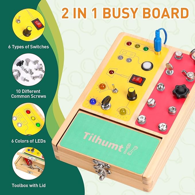 Tilhumt Busy Board with LED Light, 2-in-1 Montessori Screwdriver Board Set with 6 LED Light Switches, Toddler Montessori Switch Fidget Board with Lockable Toolbox, Travel Activity Toys for Outdoor