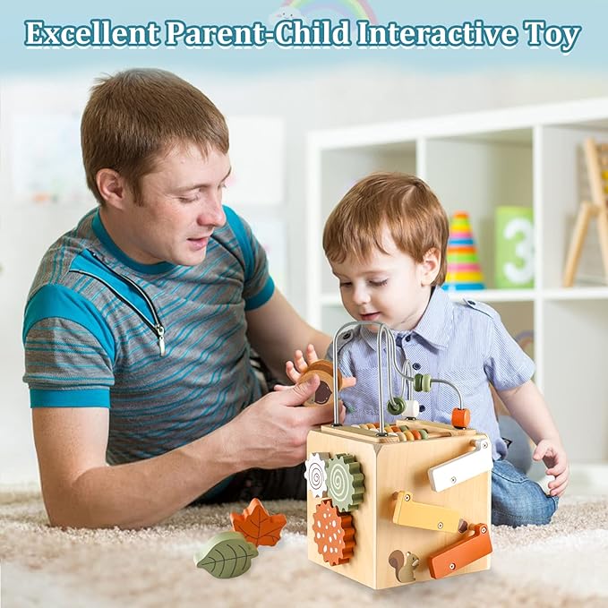 Wooden Activity Busy Cube Montessori Toys, 6-in-1 Activity Center Baby Bead Maze Toys, Sensory Shape Sorter Blocks, Toddler Boys Girls First Birthday Gift