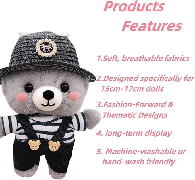 Doll Clothes for 17cm Figures, Black-and-White Striped Top Paired with Black Overalls and a Delicate Woven Hat