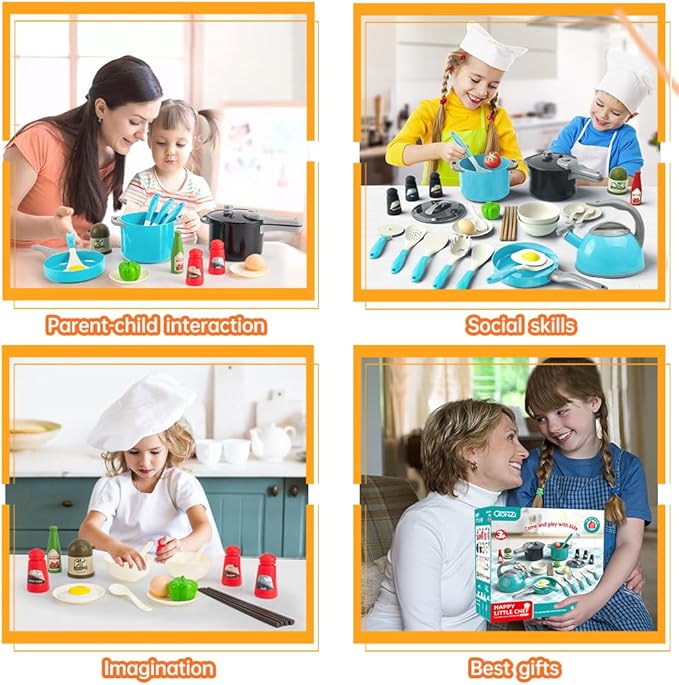 Bruvoalon 32Pcs Kids Play Kitchen Toys Set, Toddlers Pretend Cooking Playset Acccessories with Pots Pans, Utensils Cookware, Foods, Canned Veges, Learning Gift for Kids Girls Boys (Turquoise)