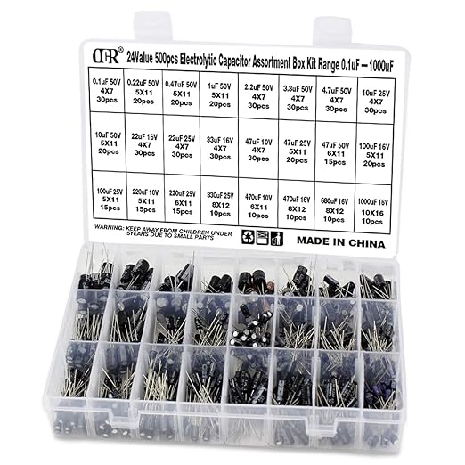 OCR Capacitor Kit, 500Pcs 24 Values Aluminum Electrolytic Capacitor Kit, Range 0.1uF - 1000uF 10V - 50V Assortment Kit for Electronic Repairs on Circuit Boards
