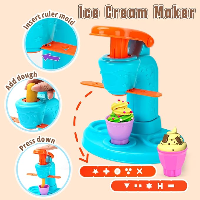 4 in 1 Dough Sets 75 PCS for Kids Ages 4-8, Dough Tools Kit with Ice Cream Noodle Hamburger Maker Machine, Dessert Rack, Kitchen Creations Art Crafts Food Play Toys for Boys Girls Ages 3+