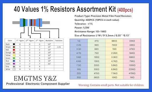 40 Values 400 Pcs 1/2W Resistor Kit 1Ω-1MΩ ±1% Metal Film Resistors Assortment for Electronics Projects and DIY Experiments