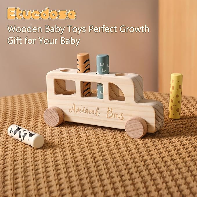Wooden Pop Up Toys for Babies | STEM Montessori Toys Color Animal Bus for Toddlers | Preschool Learning Toddler Educational Gifts for Kids Boys Girls | Baby Toy Games