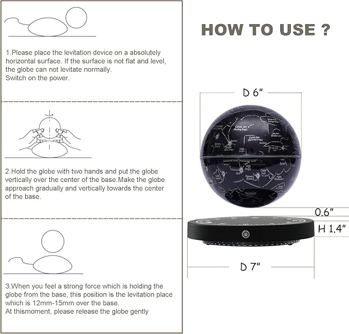 6" Magnetic Levitation Floating Globe Anti Gravity Rotating Constellation Ball with LED Light Display Globe for Children Educational Gift Home Office Desk Decor (Black-Clock)