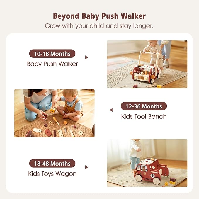 3-in-1 Wooden Baby Walker Adjustable Height with Tool Bench and Toy Storage Wagon - Multifunctional Toddler Push Walker Ergonomically Designed for Natural Walking - 3+ Years of Continuous Use