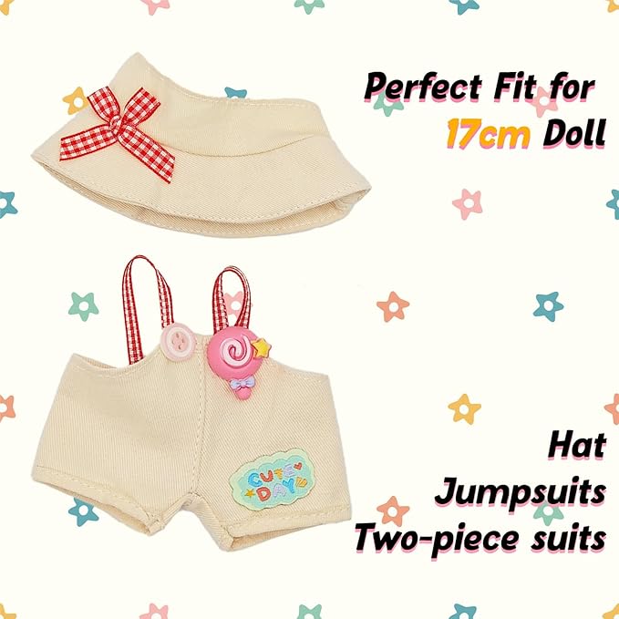 Clothes for 17cm Doll, 2 PCS Cute Cream Hat & Jumpsuit Set, Dress up Outfit Exquisite Accessories for Dolls