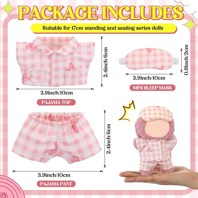 17cm Doll Clothes Pajamas Set with Pants Eye Mask Good Night Bedding Clothes Outfit Gifts Fits Most 17cm Dolls Accessories for DIY Dress up Lovers(Pink Bow)
