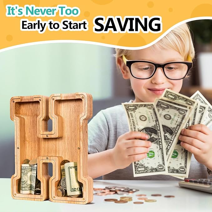 SummiDate Wooden Letter Piggy Bank| Piggy Bank for Boys Girls Toddler| Alphabet H Money Bank| Coin Bank Birthday Gift for Kids|Birthday Gift for Kids (H)