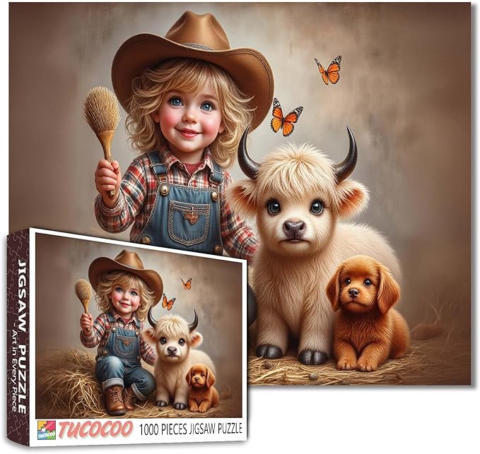 Tucocoo 1000 Piece Jigsaw Puzzle for Adults, Cowboy Farm Scene with Calf, Puppy and Butterflies – Rustic Country Art Puzzles, Relaxing and Whimsical Puzzle for Home Decor and Stress Relief DIY Gifts
