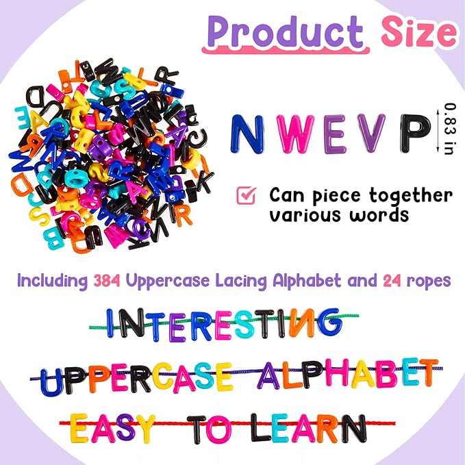 Wesiti 408 Pcs Lacing Letters Alphabet Learning Toys Toddler ABC Alphabet Beads Lacing Sports Skills Toys for Preschool Games Homeschool Supplies Early Spelling (Uppercase Letters)