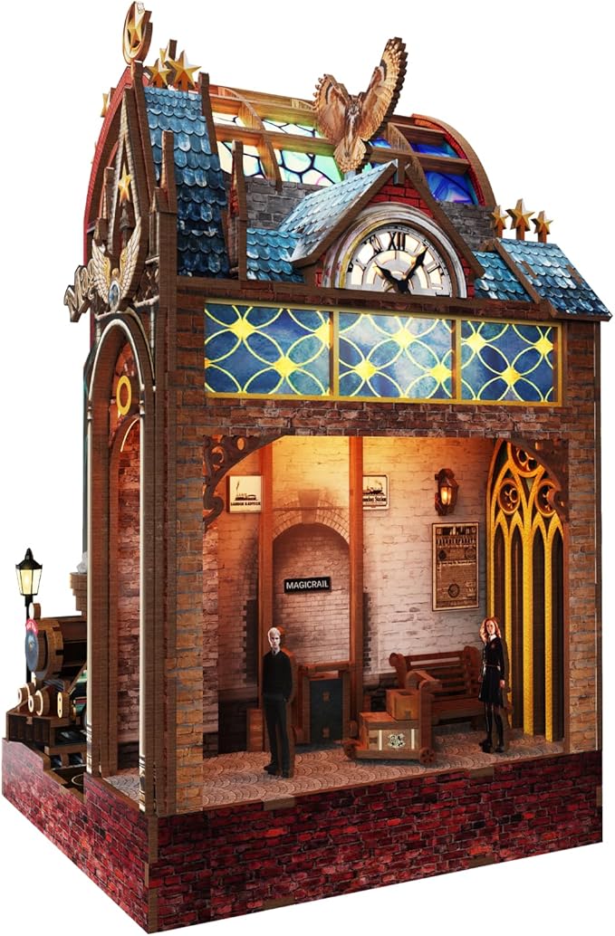 LED Book Nook Kit for Adults – DIY Miniature House Kit, Wooden Dollhouse Kit, Booknook Craft Kits, Library Bookshelf Decor, 3D Puzzles for Adults, Book Lovers Gifts, Magic Station