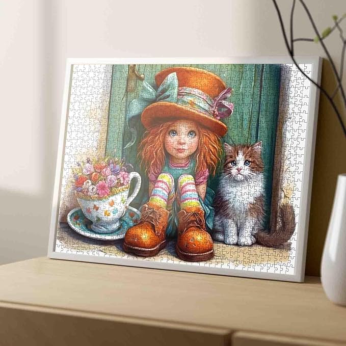 Tucocoo Cute Girl and Cat 1000 Piece Jigsaw Puzzle for Adults, Fantasy Art Puzzle with Tea Cup Flowers, Colorful Socks, Big Hat, Cozy Cottage for Relaxation and Gifts, Challenging Puzzles, Home Decor