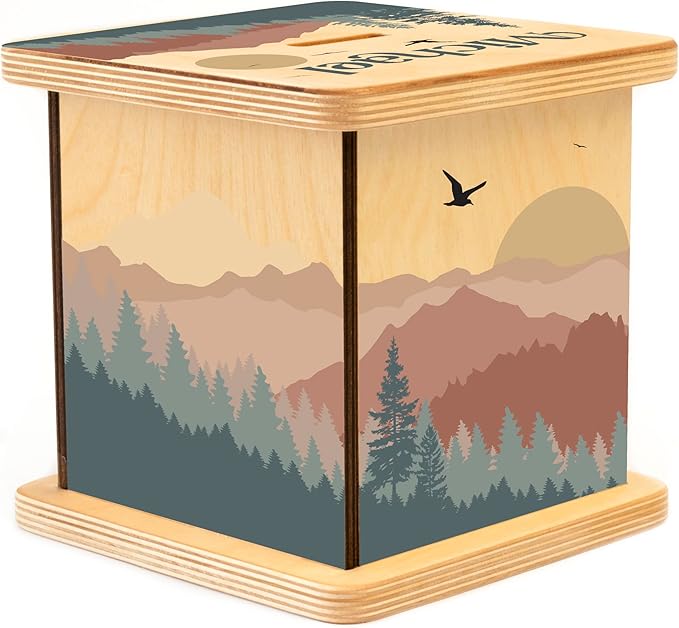 Wooden Piggy Bank for Kids and Adults, Personalized Gift Handmade in USA by BloomOwl, Custom Piggy Bank, Personalized Banks for Kids, Gifts for Baby Boys and Girls (Mountains)