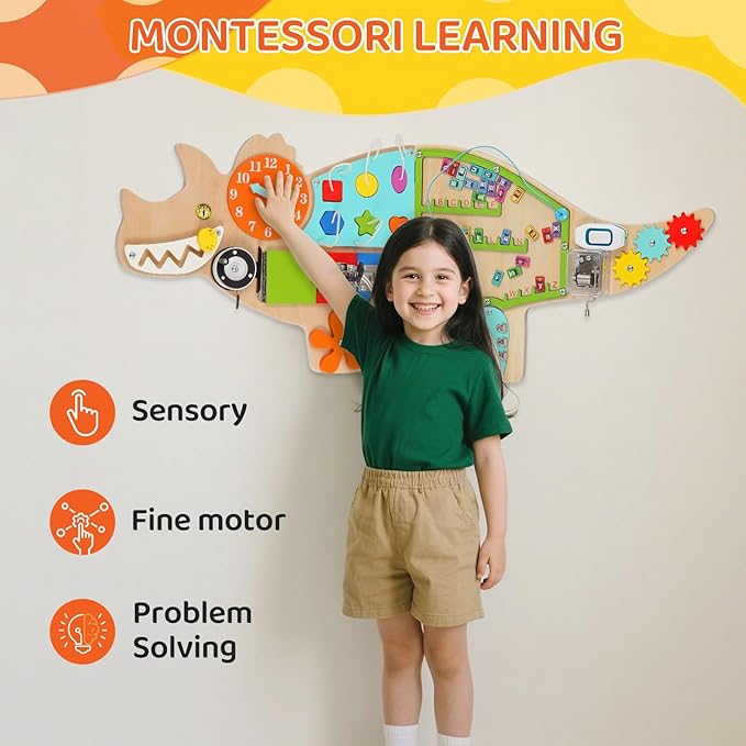 Dinosaur Activity Wall Busy Board Panels, 11-in-1 Montessori Sensory Wall Panel for Kids, Toddler Learning Activity Center, Perfect for Playroom Daycare Nursery Classroom