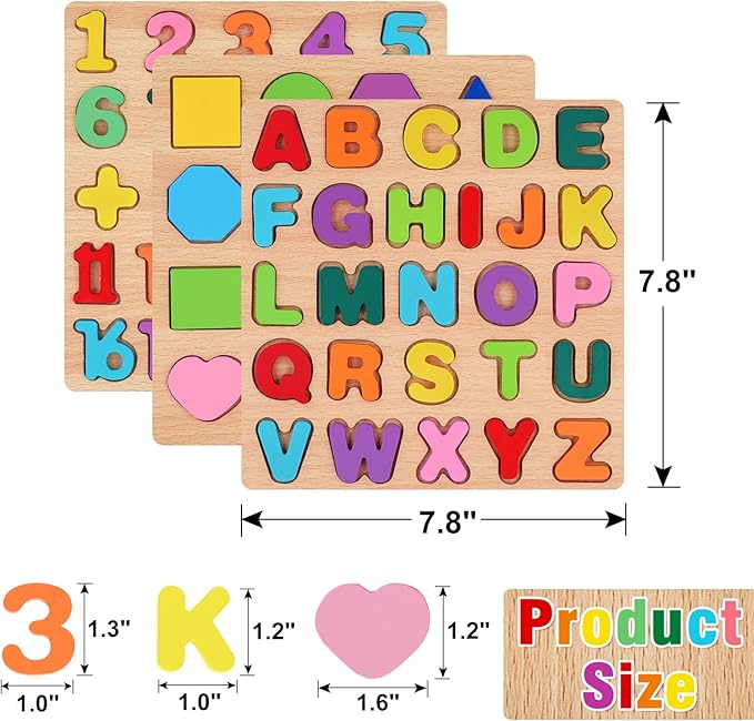 Attmu Wooden Puzzles for Toddlers 1 2 3 4 5 Year Old, Alphabet Number Puzzle Shape ABC Puzzle, 3 in 1 Preschool Educational Learning Toys with Puzzle Board for Girls Boys Set of 3