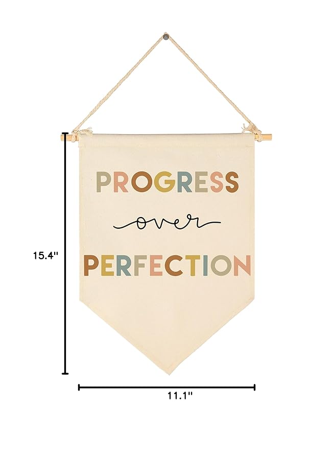 Progress Over Perfection-Teacher Gift-Classroom Wall Decor-Reading Room Nursery Decor-Canvas Hanging Pennant Flag Banner Wall Sign-Positive Affirmation Inspirational Growth Mindset-Mental Health