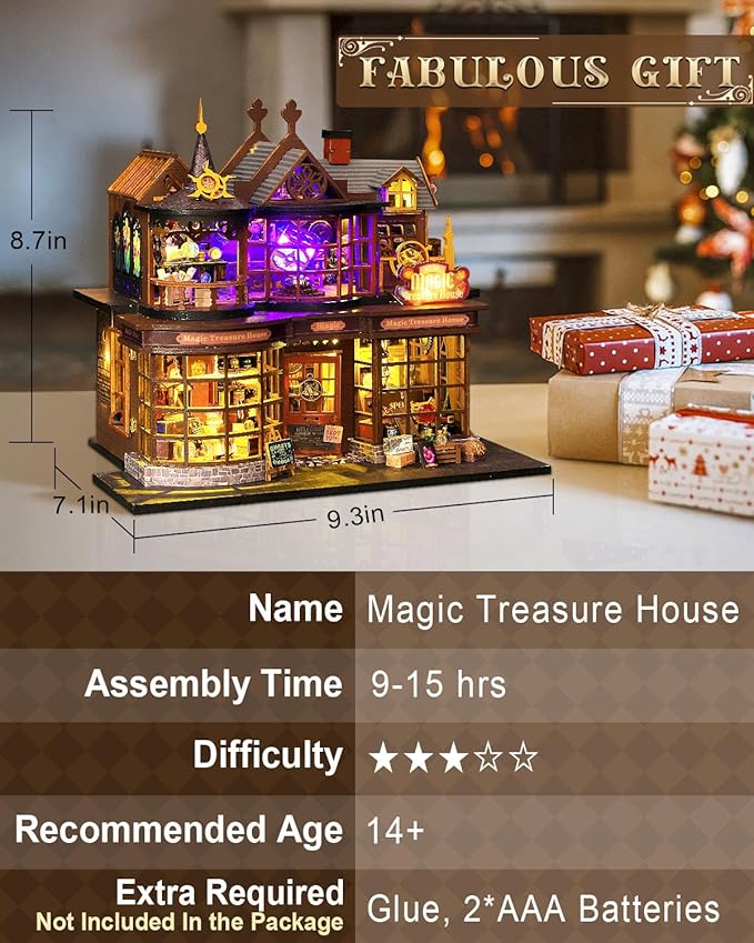 DIY Miniature House Kit Magic Treasure House, Mini Doll House Building Kit with LED Lights Furniture, Miniature Dollhouse Kit Wooden Crafts for Adults Teens Gifts
