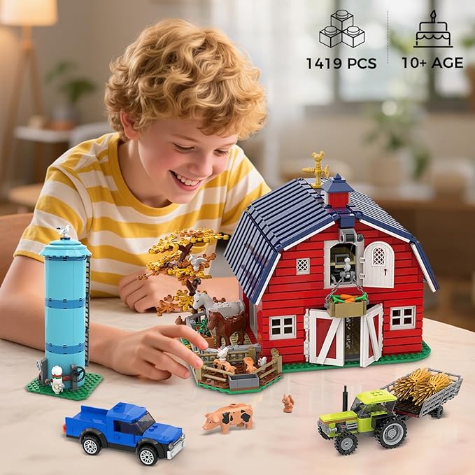 Western Farm Barn House Building Set with Lights, Newly Enhanced with Reinforced Structure, 1419 PCS Red Barn Building Toy with Animals Horse Tractor Windmill, Gift for Adults Boys Girls 10+
