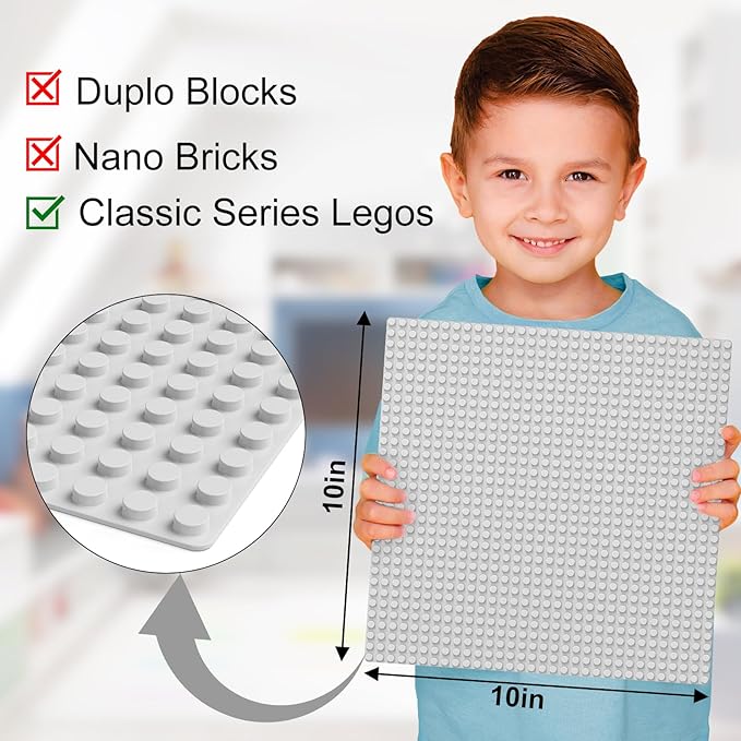 Classic Baseplates, Peel and Stick Base Plates for Building Bricks, Compatible with Major Brands, Self-Adhersive Base for Bricks 10" x 10", 6 Pack Grey…