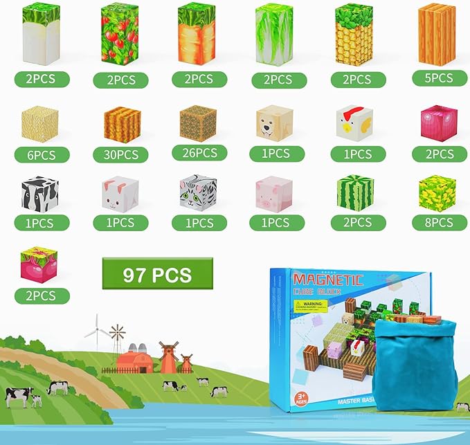 AESGOGO Magnetic Building Blocks, 97PCS Magnetic Tiles Stacking, Build Magnet Toys for Toddlers Kids 3+, STEM Montessori Sensory Birthday Gifts for Boys Girls Age 3 4 5 6 7 8
