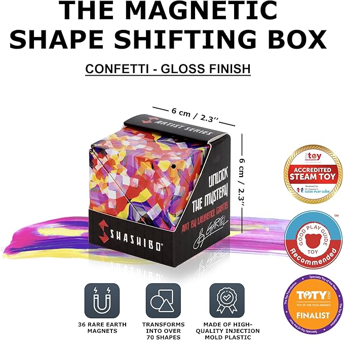 Shashibo Shape Shifting Box - Award-Winning Fidget Toy w/ 36 Rare Earth Magnets - Fidget Cube Transforms Into Over 70 Shapes, Sensory Toy Gift for Kids, Teens, and Adults (Confetti)