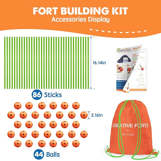 Tiny Land Fort Building Kit Creative Fort Indoor Outdoor for 5-12 Years Old Boys and Girls STEM Building Toys with Storage Bag DIY Castles Tunnels with 86 Rods and 44 Balls