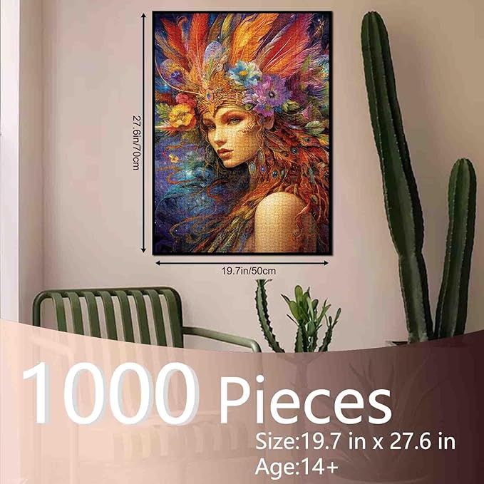 Tucocoo 1000 Piece Jigsaw Puzzles for Adults Woman Portrait Painting Jigsaw Puzzle Feather Flowers Girl 1000 Pieces Puzzles for Challenging Family Activity Game Abstract Art DIY Puzzle Wall Decor