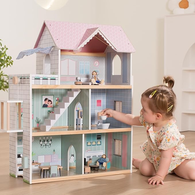 Giant bean Large Pink Wooden Dollhouse with Furniture for Girls with Doorbell, Light,Elevator, 6 Rooms 2.6ft High,15 Pcs Furniture & 3 Dolls, Kids Playhouse Toy for Girls 3-7+, 31.5" x 25" x 12.2"