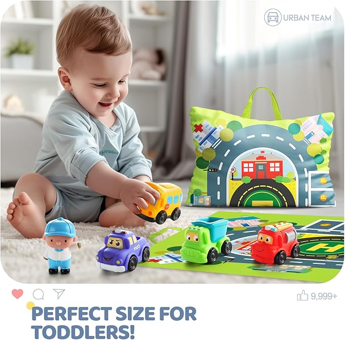 Soft Rubber Toy Figure Car for 1 Year Old Boy with Playmat (Storage Bag)|12 PCS Cartoon Cars Baby Toys for 12-18 Months & Toddler Age 1-2|First Birthday, Valentine Gift for 1 2 3 Year Old Boy